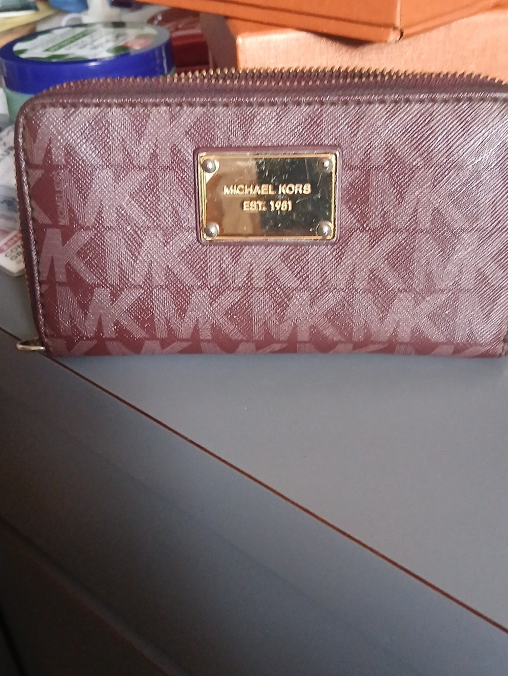 Michael Kors Wine MK Logo Zip-Around Wallet with Gold Plaque